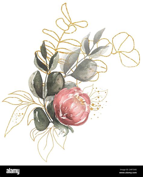 Greenery Golden Florals And Red Peony Bouquet Illustration Watercolor