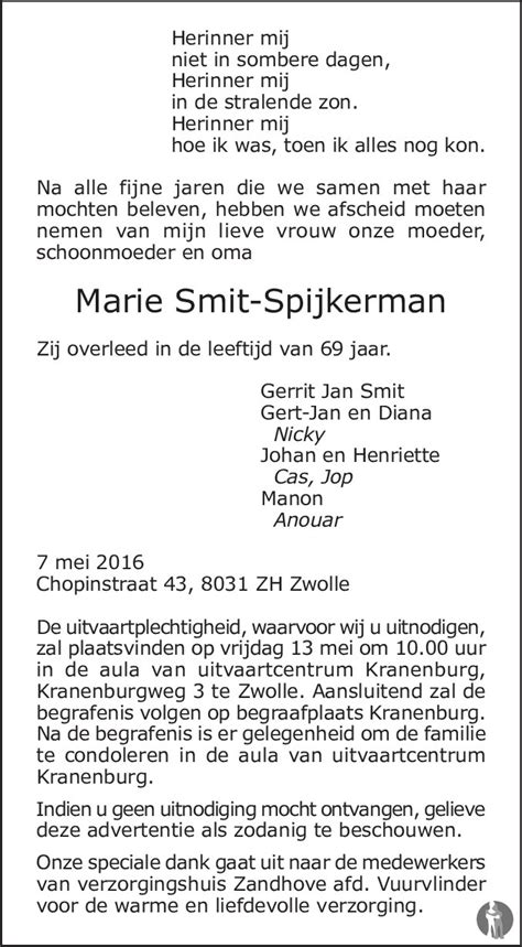 Marie Smit Spijkerman 07 05 2016 Overlijdensbericht En Condoleances