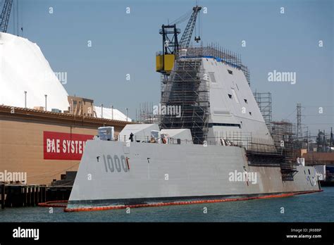 The stealth guided missile destroyer, USS Zumwalt, docked in San Diego ...