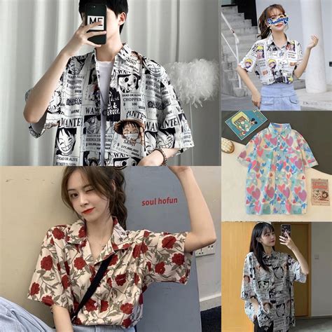 Moda Nueva Pareja Coreana Suelta Media Manga Camisas Casual Versátiles De Gasa Impresa Polot