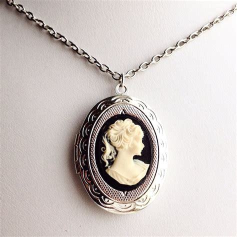 Cameo Locket Necklace Silver Vintage Victorian Style Lady Etsy