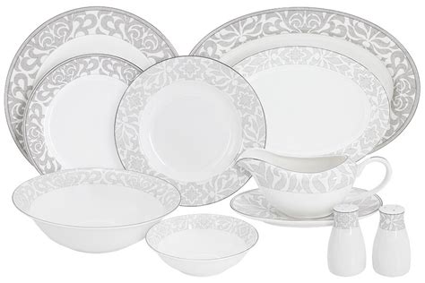 Обеденный сервиз фарфоровый на 6 персон, 27 предметов белый, серебро ...