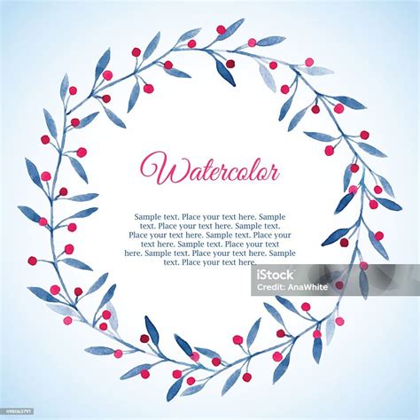 Floral Wreath Of Blue Leaves And Pink Berries Stock Illustration