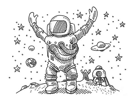 Cheering Astronauts Landing On The Moon Drawing Drawing by Frank Ramspott - Pixels