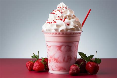 Uma xícara rosa de milkshake de morango morangos por cima Foto