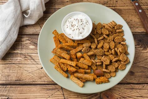 The Grain Croutons Fried In A Frying Pan Snack To Beer Stock Photo