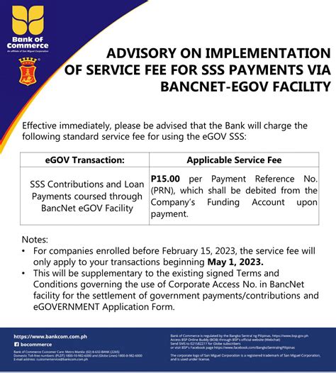 ADVISORY ON IMPLEMENTATION OF SERVICE FEE FOR SSS PAYMENTS VIA BANCNET