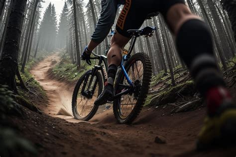 Um Ciclista De Mountain Bike Em Uma Trilha Na Floresta Foto Premium