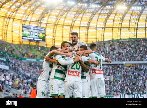 Lecha Gdansk Players Are Seen Celebrating A Goal During The UEFA Europa