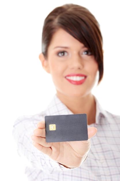 Premium Photo Portrait Of Smiling Businesswoman Holding Credit Card