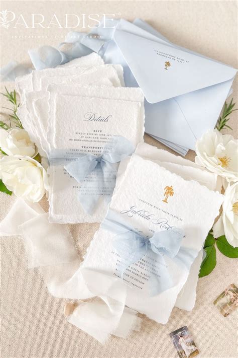 Handmade Paper Wedding Invitations Silk Ribbons Light Sky