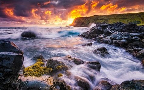 Wallpaper Pemandangan Air Terjun Matahari Terbenam Laut Batu