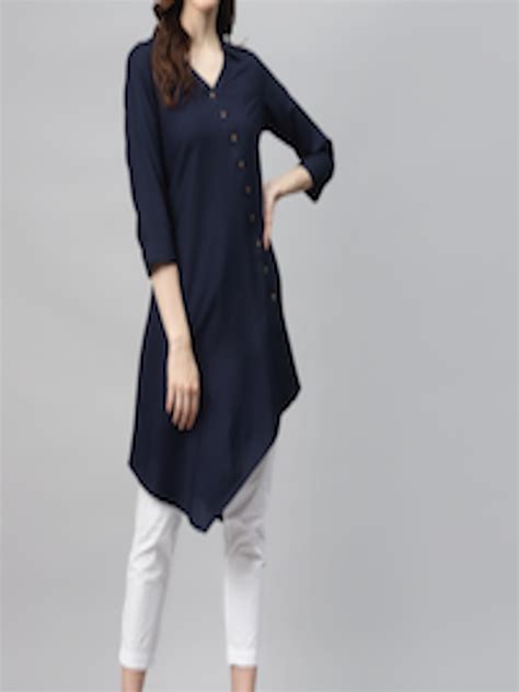 Buy Global Desi Eco Vero Women Navy Blue Solid A Line Kurta Kurtas