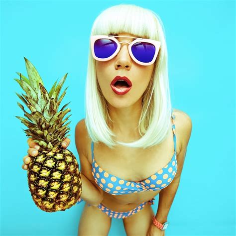 Premium Photo Blonde With Pineapple Hot Beach Party Retro Style