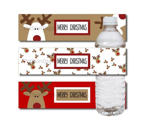 Merry Christmas Reindeer Water Bottle Labels In Red White And Etsy