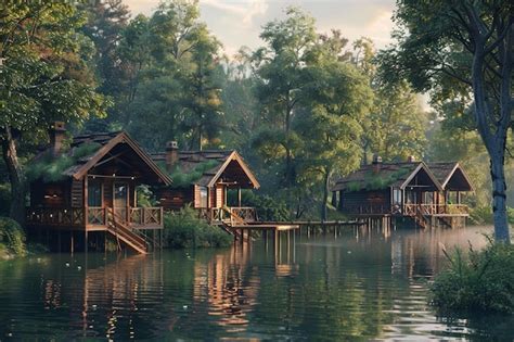 Premium Photo Peaceful Lakeside Cabins Surrounded By Nature