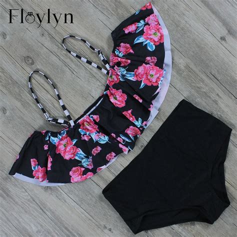 Floylyn Off The Shoulder Sexy Ruffled Bikini Top High Waist Full Black