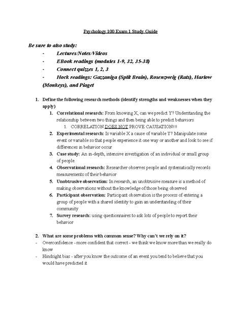 Exam 1 Study Guide Psychology 100 Exam 1 Study Guide Be Sure To Also