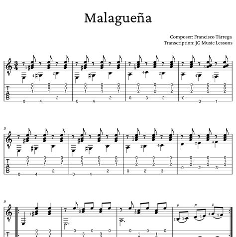 Malagueña By Tárrega Guitar Tabs Sheet Music Etsy