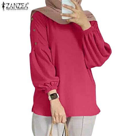 ZANZEA Women Muslim Daily Lantern Sleeves Button Cuffs O Neck Blouses