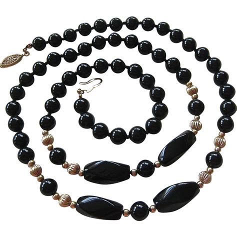 Black Onyx Bead Necklace Gold Filled Spacers Clasp Hand Knotted