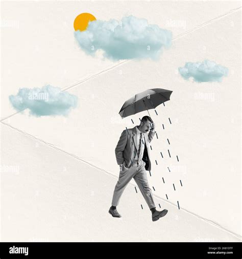 Sad Man Walking Under Umbrella On Abstract Background With Drawings