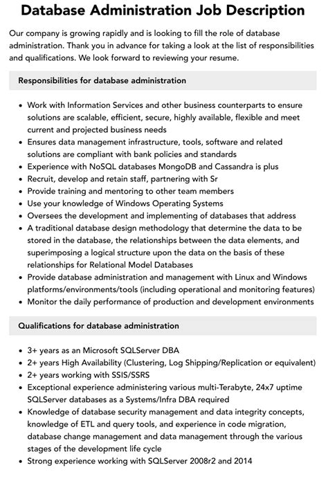 Database Administration Job Description Velvet Jobs