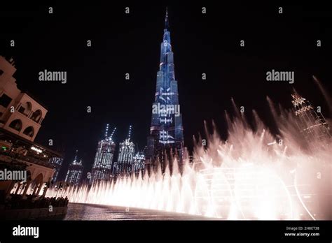 Burj Khalifa with fountain, UAE - United Arab Emirates, night scene ...