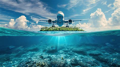 Fondo Avión Volando Sobre El Mar Tropical Con Vista Submarina De La