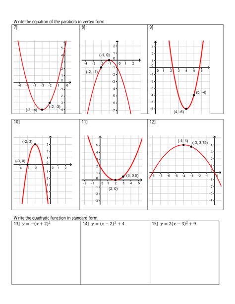 Graphing Quadratic Functions In Vertex Form Practice Worksheet With