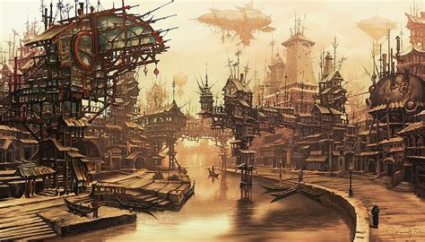 Village Steampunk River Buildings Boat Art Airship HD Wallpaper