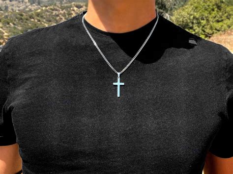 Mens Necklace Waterproof Cross Necklace Mens Silver Necklace Cuban