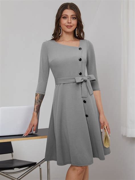 Asymmetrical Neck Button Front Belted Dress Shein Usa