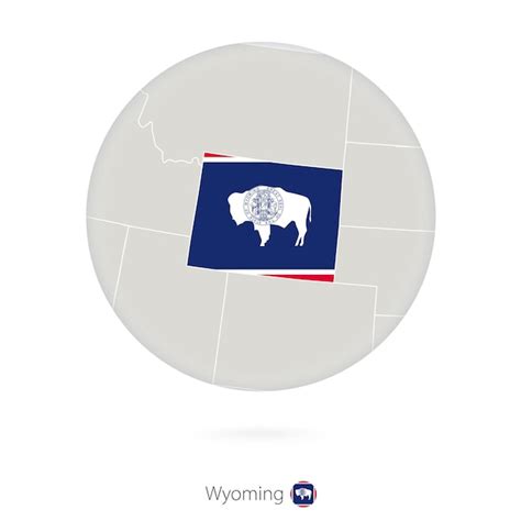 Mapa del estado de wyoming y la bandera en un círculo contorno del mapa