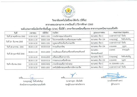 ตารางสอบปลายภาคเรียนที่ 2 2565