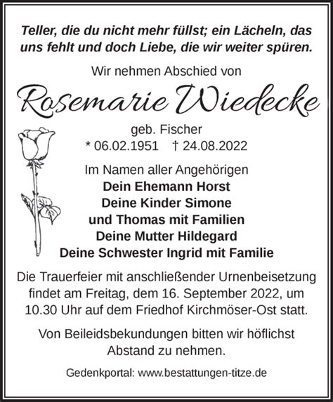 Traueranzeigen Von Rosemarie Wiedecke M Rkische Onlinezeitung