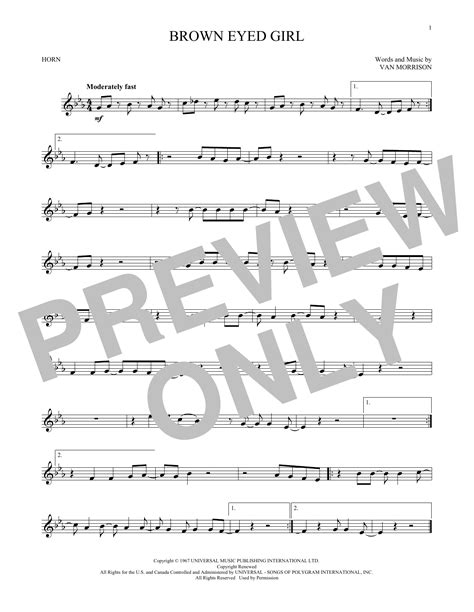 Brown Eyed Girl By Van Morrison Sheet Music For French Horn Solo At