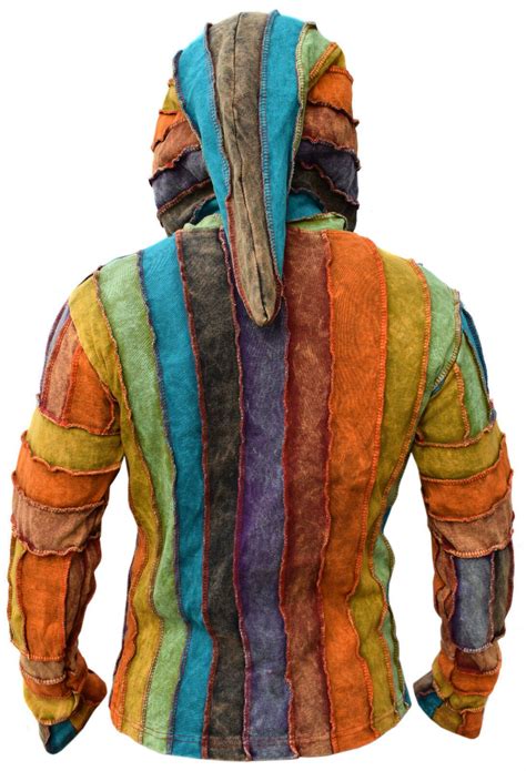 Men S Rainbow Cotton Patchwork Colorful Pullover Long Pixie Hood Hippie