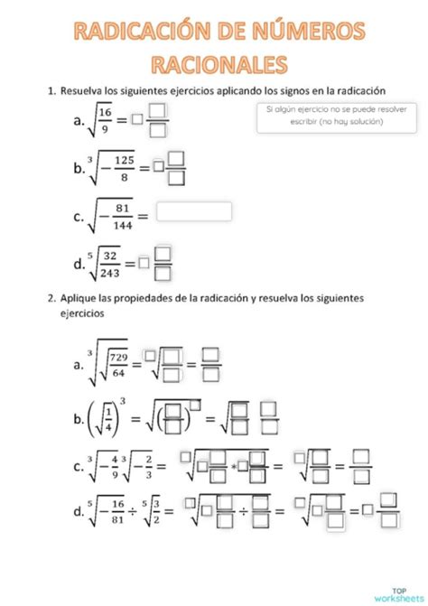 Radicación De Racionales Ficha Interactiva Topworksheets