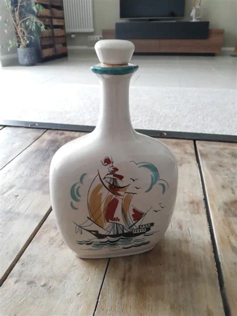 Alte Grosse Ulmer Keramik Flasche Er Er Jahre Design Handbemalt