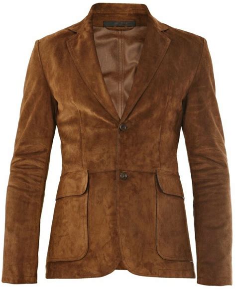 Brown Leather Blazer Men Pure Suede Coat Jacket 2 Button Size S M L XL