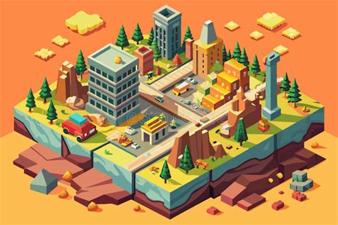 Customizable Isometric Low Polygonal Illustration Of A Destroyed City