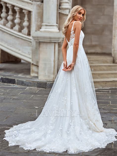 A Line V Neck Appliques Lace Chapel Train Tulle Wedding Dress Laveliya