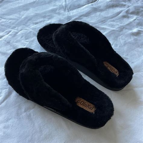 olukai black shearling slippers size 8 (38) only... - Depop