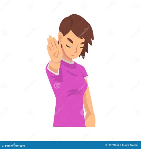 Girl Holds Palm In Front Of Her Saying Stop Cartoon Vector Illustration