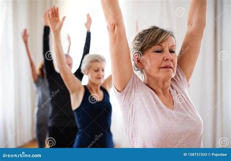 Group of Senior People Doing Yoga Exercise in Community Center Club ...