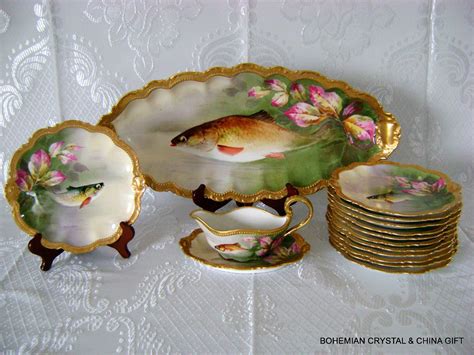 Antique French Limoges Hand Painted Fish Set Platter Plates Signed