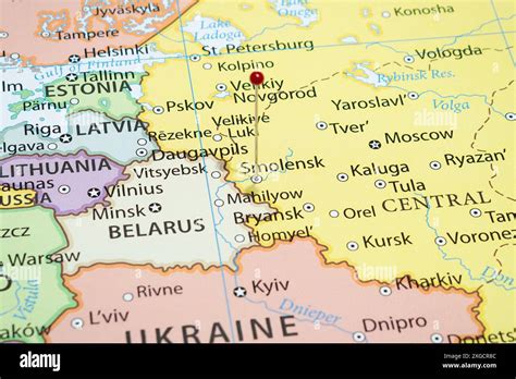 close    smolensk city   red pin needle  russia country political map stock photo