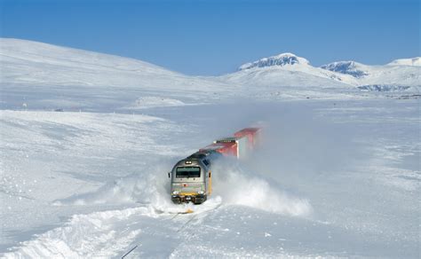 Cargo Train At Saltfjellet Norway Plowing Through Snow At 100 Kmh R