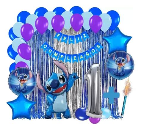 Kit Decoracion Lilo Y Stitch Azul Plateado Cortina Numero Mercadolibre